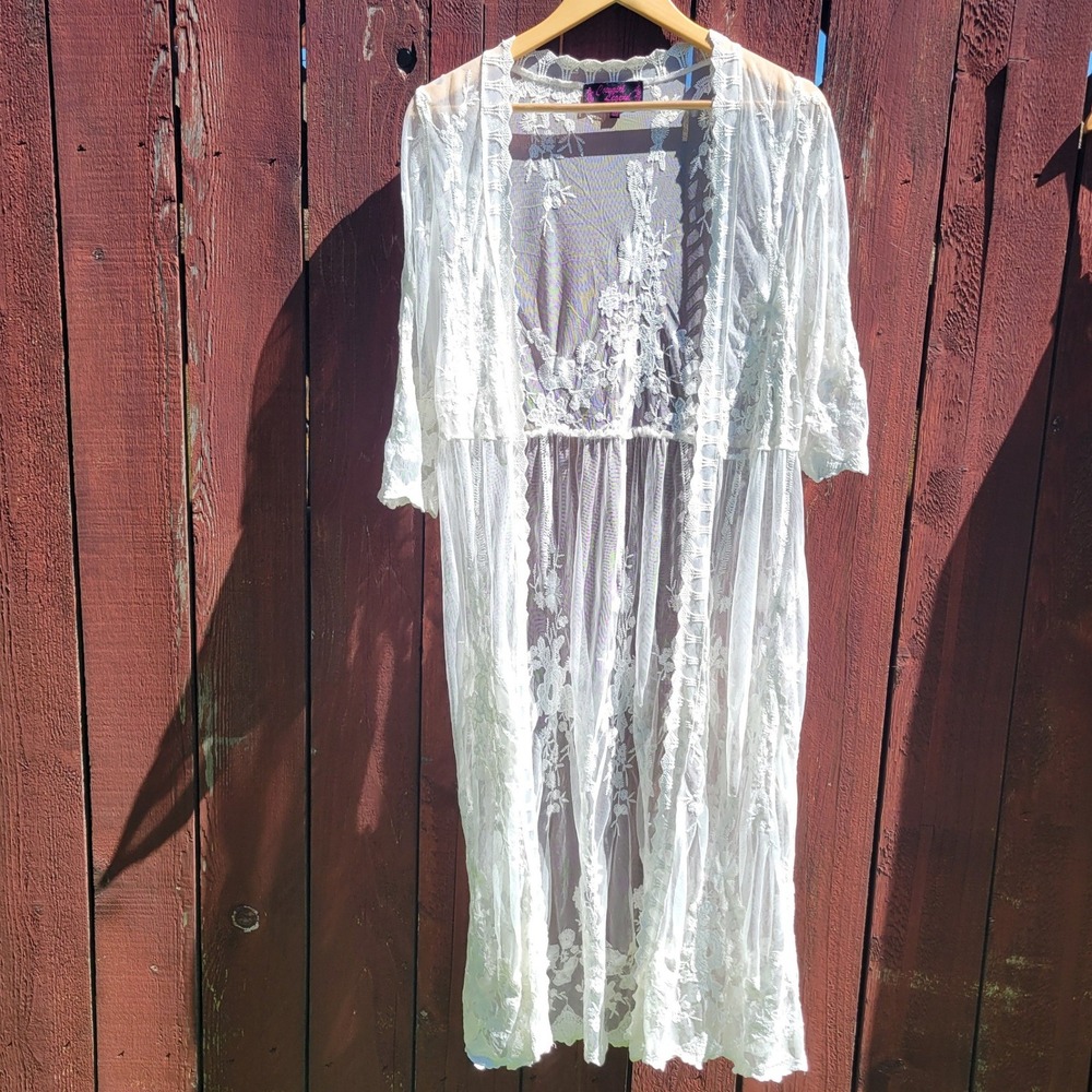 Cowgirl Legend White Floral Lace Maxi Duster Cardigan Sheer Boho Mesh Kimono S/M